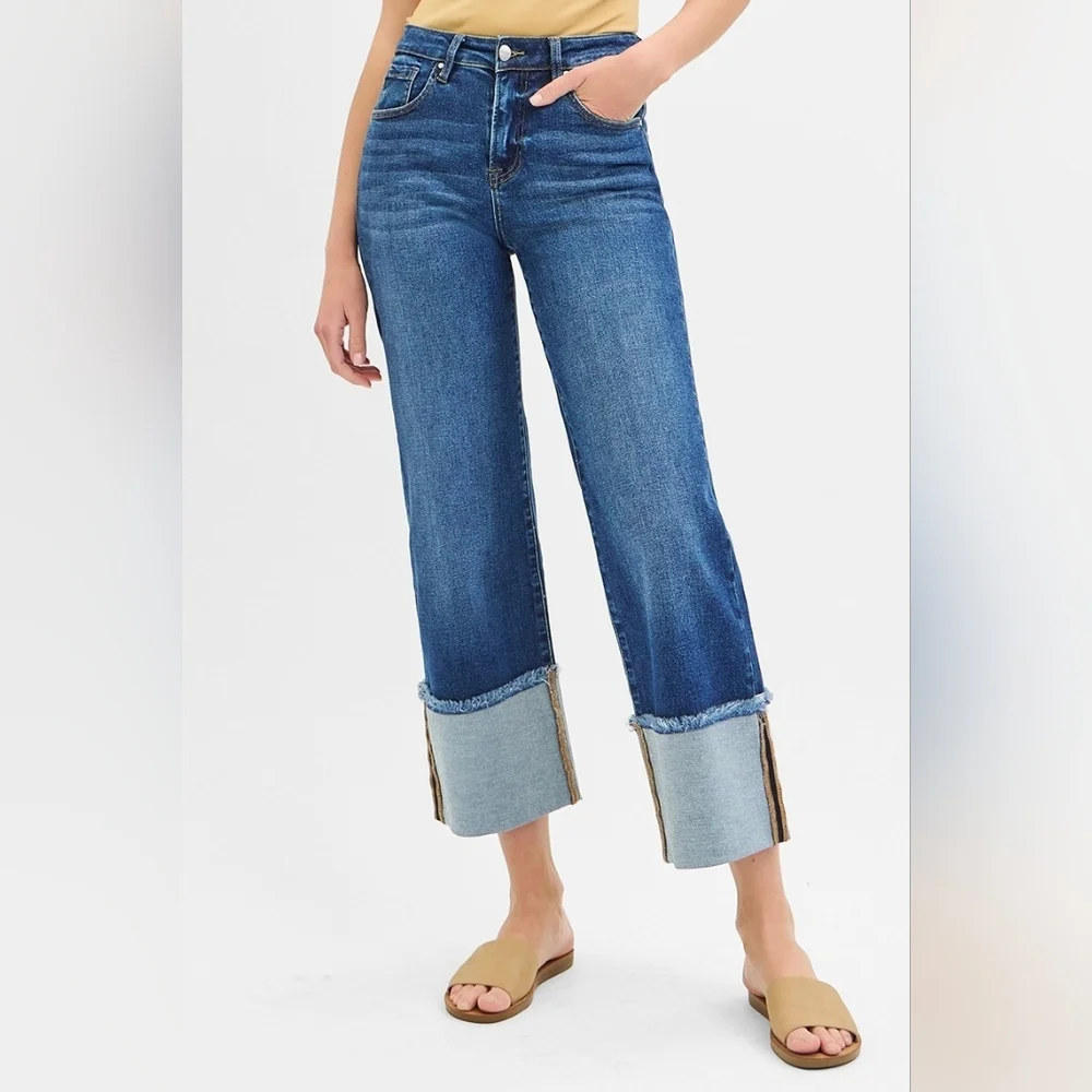 Risen Mid Rise Dark Wash Slim Wide Leg Wide Cuff Denim Jeans Stretch Various NEW - Picture 9 of 11